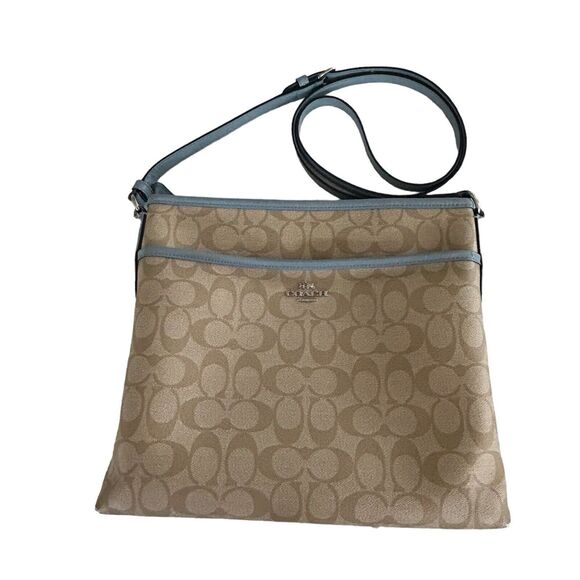 Coach Signature Leather File Bag Crossbody Brown/Beige Blue - Picture 1 of 13